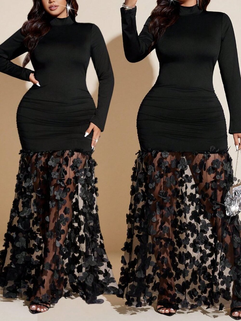 Women's Elegant Plus Size Bodycon  Long Sleeves Mermaid Hem Maxi Dress